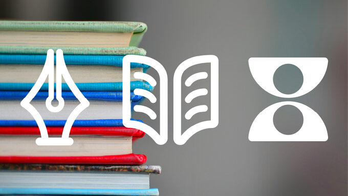photo d'une pile de livres et icônes de travail scolaire